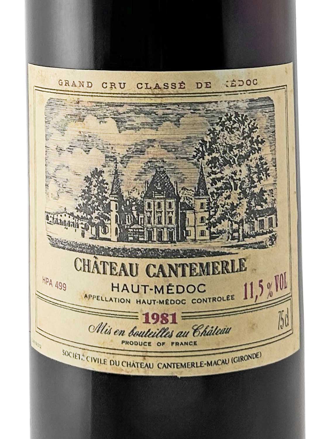 Weinetikett von Château Cantemerle 1981 mit einer schwarz-weißen Zeichnung eines Schlosses und Textangaben zu Herkunft, Alkoholgehalt und Flaschengröße