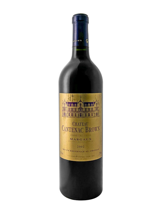 Dunkelgrüne Weinflasche mit goldfarbenem Etikett, darauf Schlosszeichnung und Text 'CHATEAU CANTENAC BROWN GRAND MARGAUX 2002'.