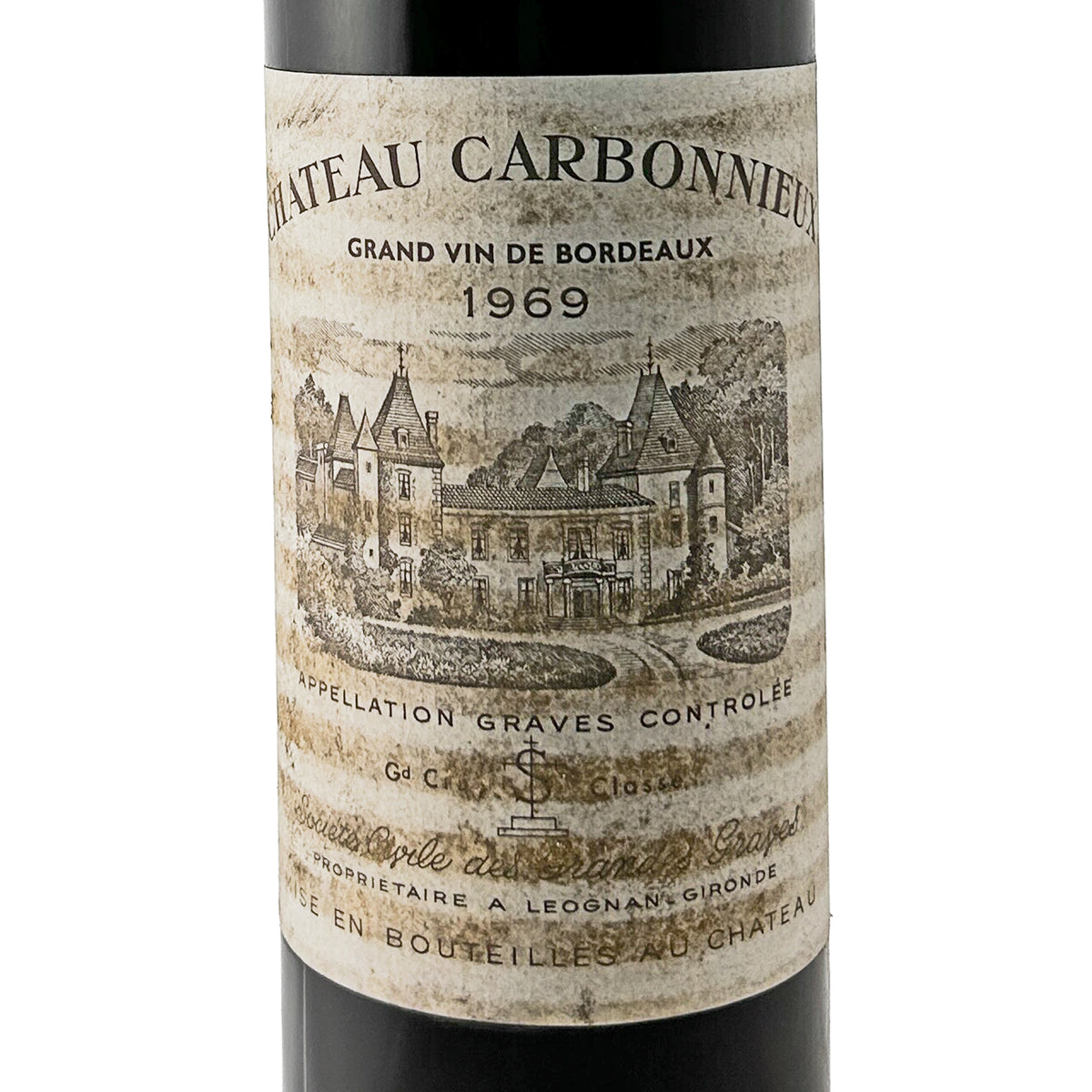 Château Carbonnieux 1969 Etikett in Nahaufnahme mit Schlossansicht, Appellation Graves und Vermerk Gd Cru Classé