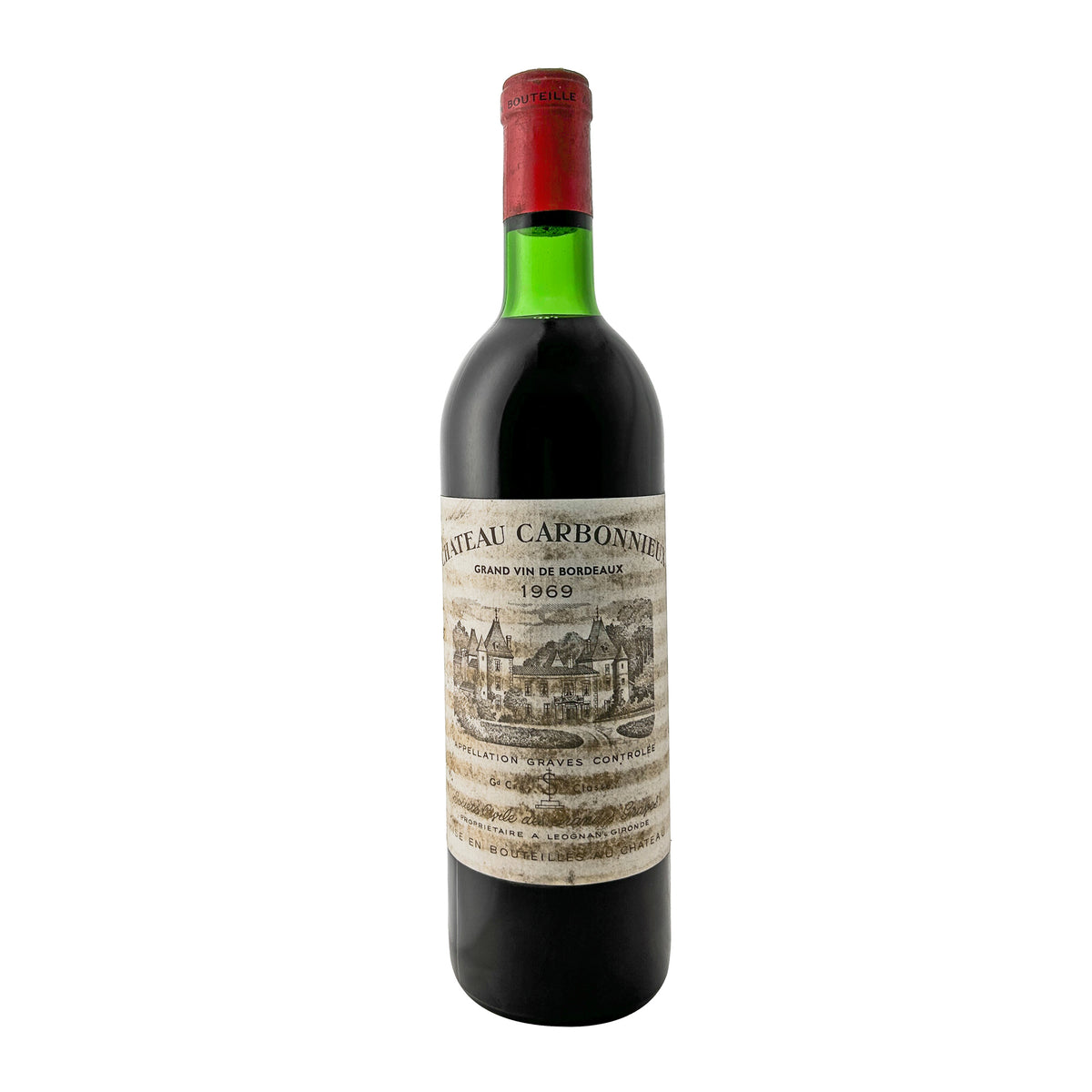 Château Carbonnieux 1969, Graves Cru Classé – Flasche frontal mit Etikett, roter Kapsel und Füllstand Base Neck