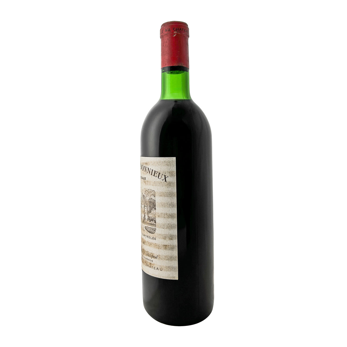 Château Carbonnieux 1969 Seitenansicht links mit Etikettrand, Originalkapsel und Füllstand Base Neck