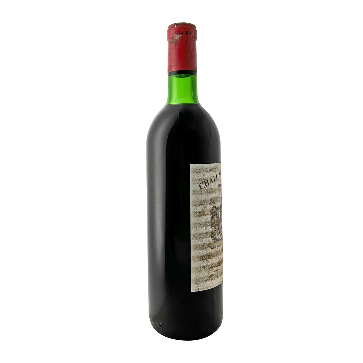 Château Carbonnieux 1969 Seitenansicht rechts mit Etikett, roter Kapsel und Prägung 75 cl am Flaschenboden