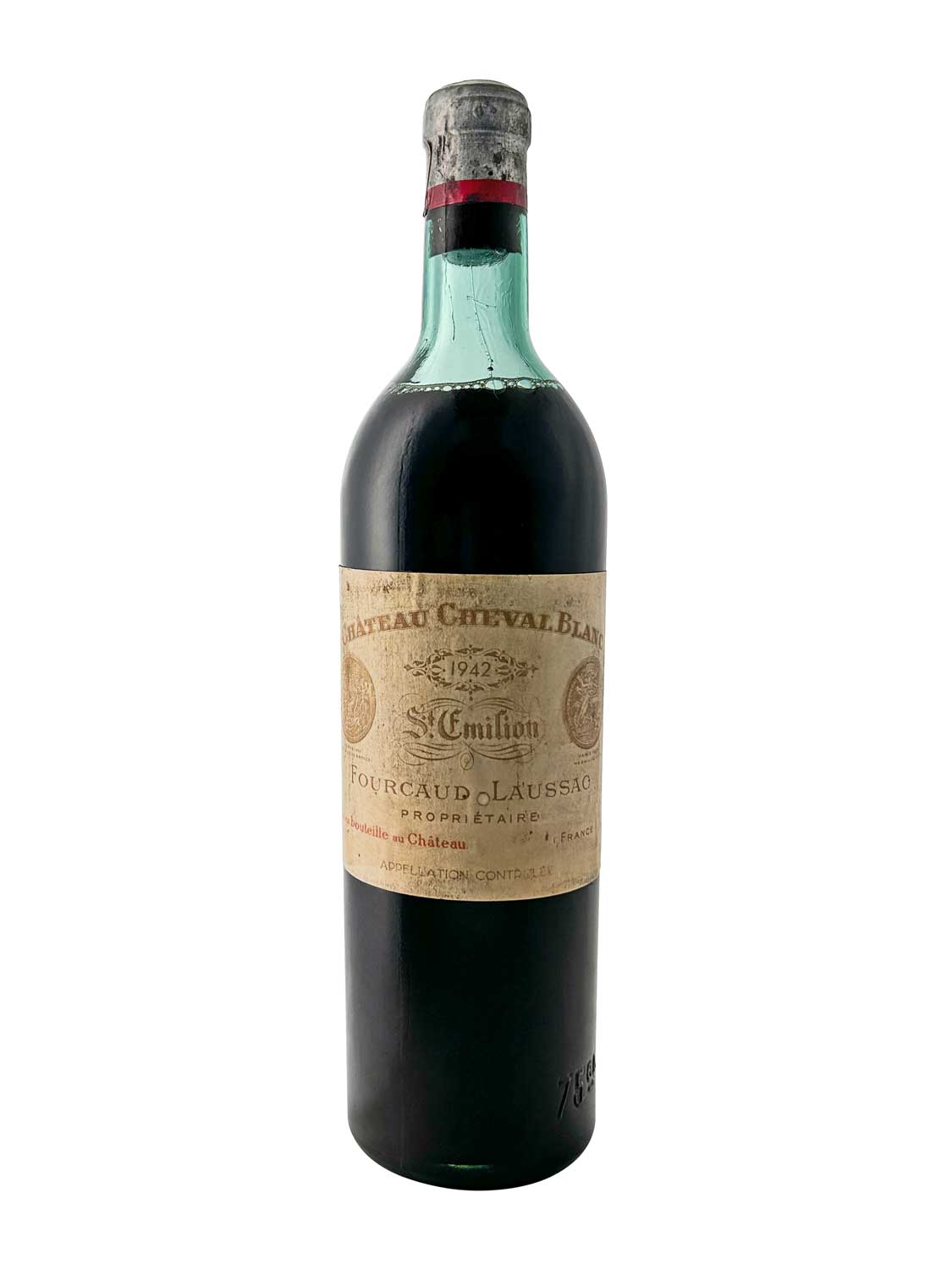 Flasche Château Cheval Blanc 1942 mit altem, vergilbtem Etikett und rotem Siegel am Flaschenhals