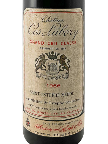 Weinetikett von Château Cos Labory 1966 mit Wappen, zwei Löwen und Text in Schwarz und Rot.