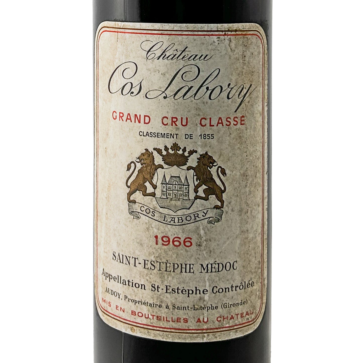 Château Cos Labory 1966 Etikett in Nahaufnahme mit Löwenwappen, Grand Cru Classé und Appellation Saint-Estèphe Contrôlée