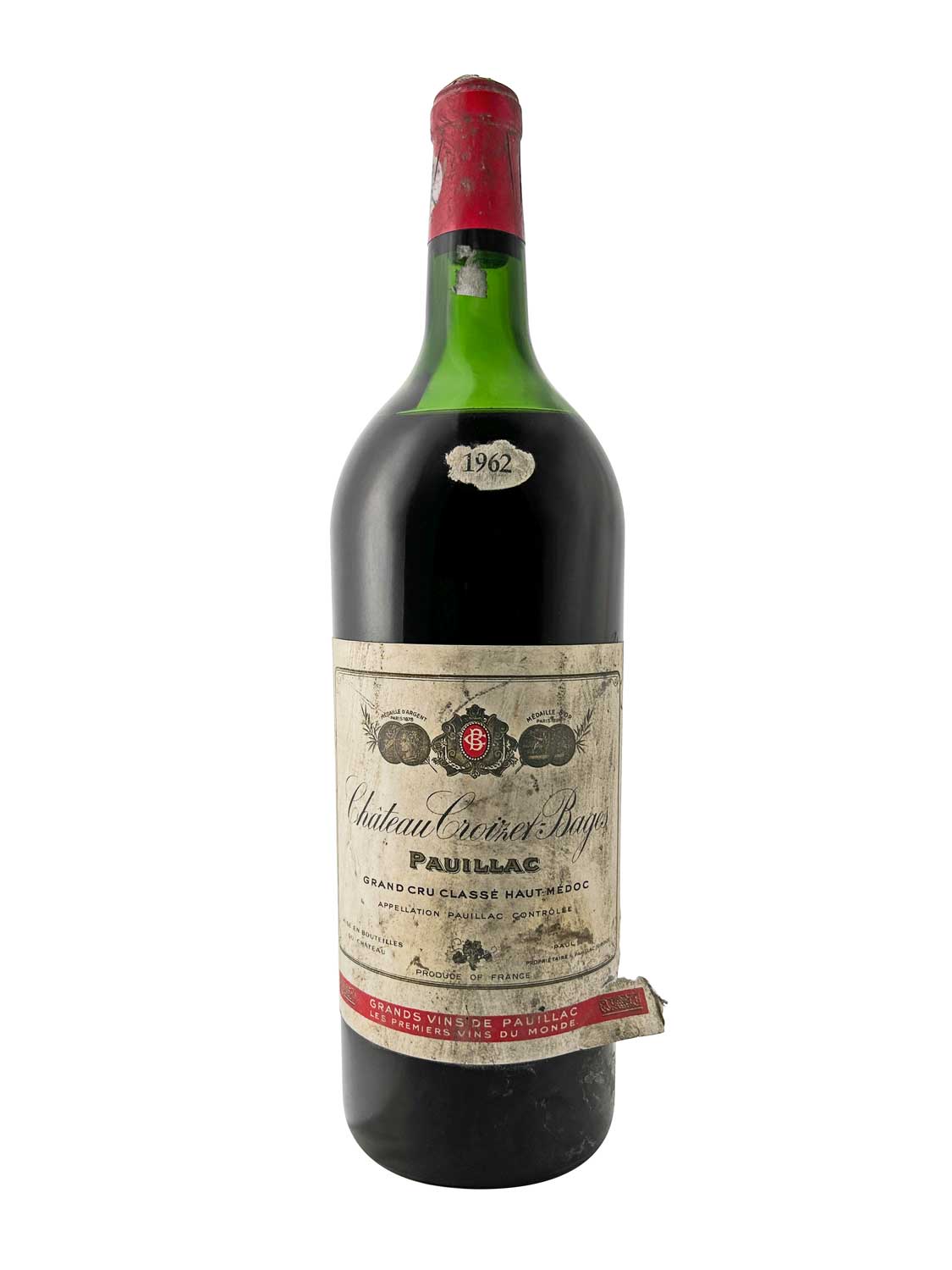 Grüne Magnum-Weinflasche Château Croizet-Bages 1962 mit rotem Siegel und altem, leicht beschädigtem Etikett.