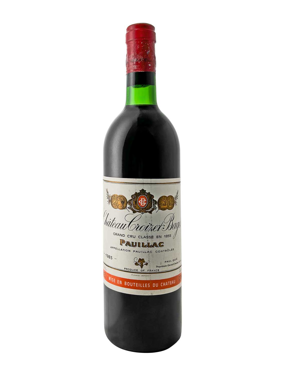 Flasche Château Croizet-Bages 1983 mit rotem Siegel, grünem Hals und weißem Etikett mit schwarzer und roter Schrift sowie goldenen Medaillen