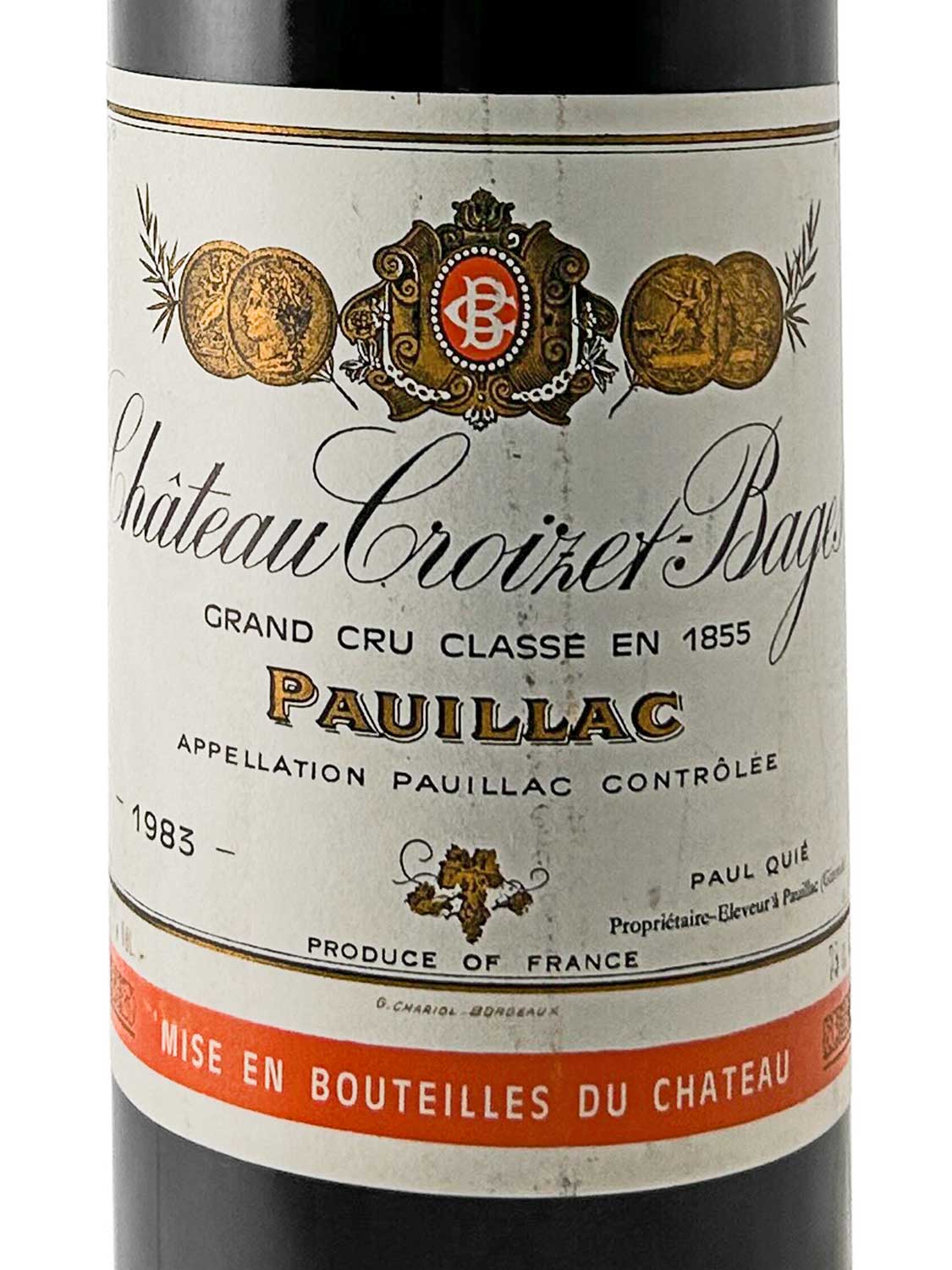 Weinetikett von Château Croizet-Bages 1983 mit goldenen Medaillen, Schriftzug "Grand Cru Classé en 1855", Herkunftsbezeichnung Pauillac und rotem Streifen mit Text