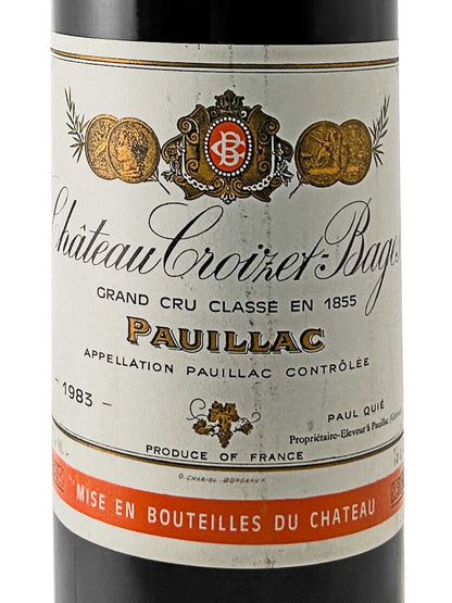 Weinetikett von Château Croizet-Bages 1983 mit goldenen Medaillen, Schriftzug "Grand Cru Classé en 1855", Herkunftsbezeichnung Pauillac und rotem Streifen mit Text