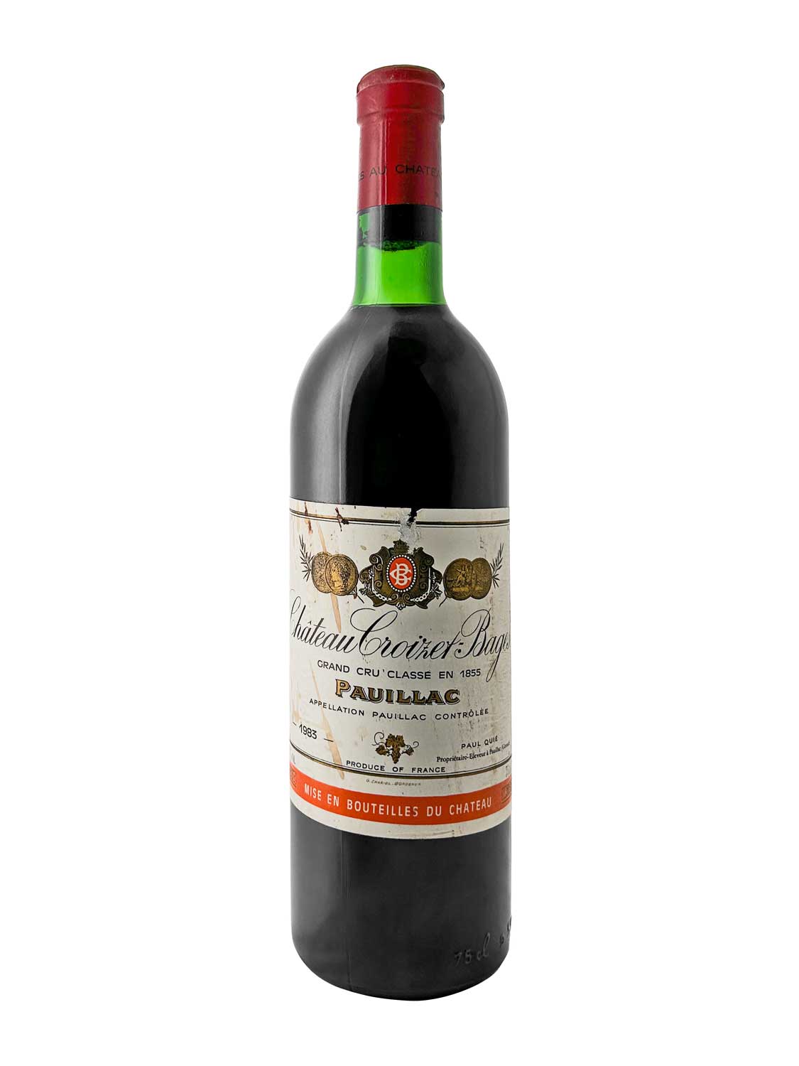 Flasche Château Croizet Bages 1983 mit rotem Kapselverschluss und weißem Etikett mit schwarzer und roter Schrift.