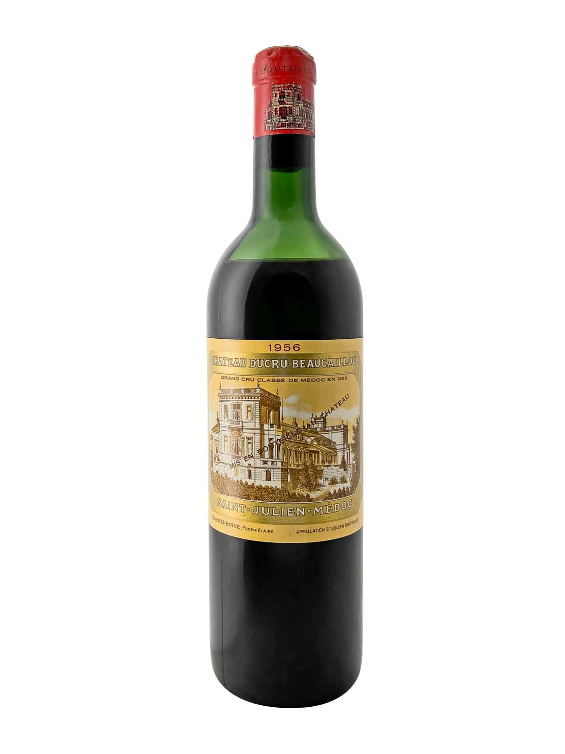 Flasche Château Ducru-Beaucaillou 1956 mit rotem Siegel und gelbem Etikett, das eine Zeichnung eines Schlosses zeigt