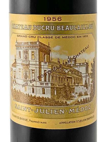 Weinetikett von Château Ducru-Beaucaillou 1956 mit einer detaillierten Zeichnung des Schlossgebäudes und Texten zu Herkunft und Klassifikation