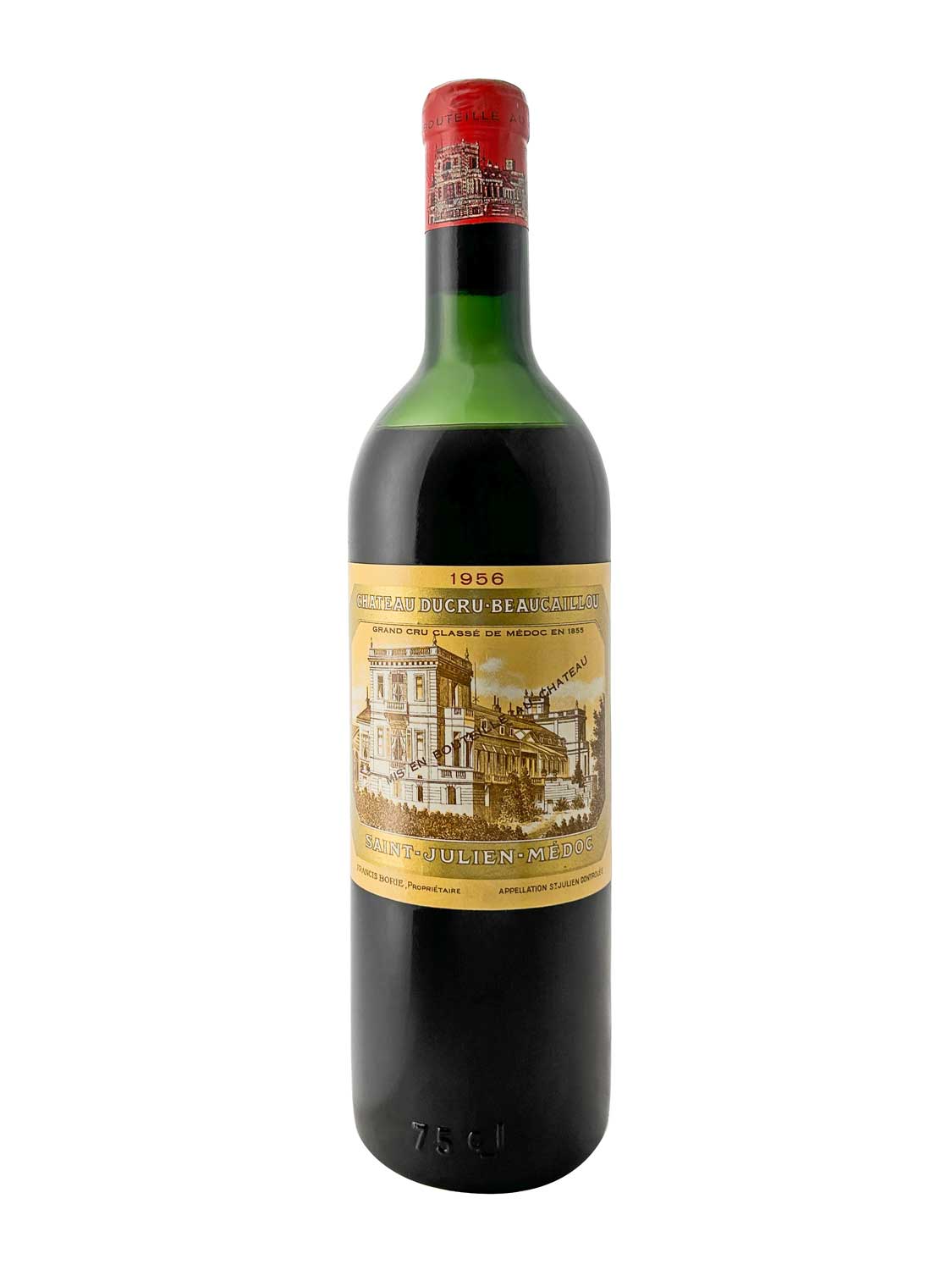 Flasche Château Ducru-Beaucaillou 1956 mit rotem Verschluss und gelbem Etikett, das ein Schloss zeigt