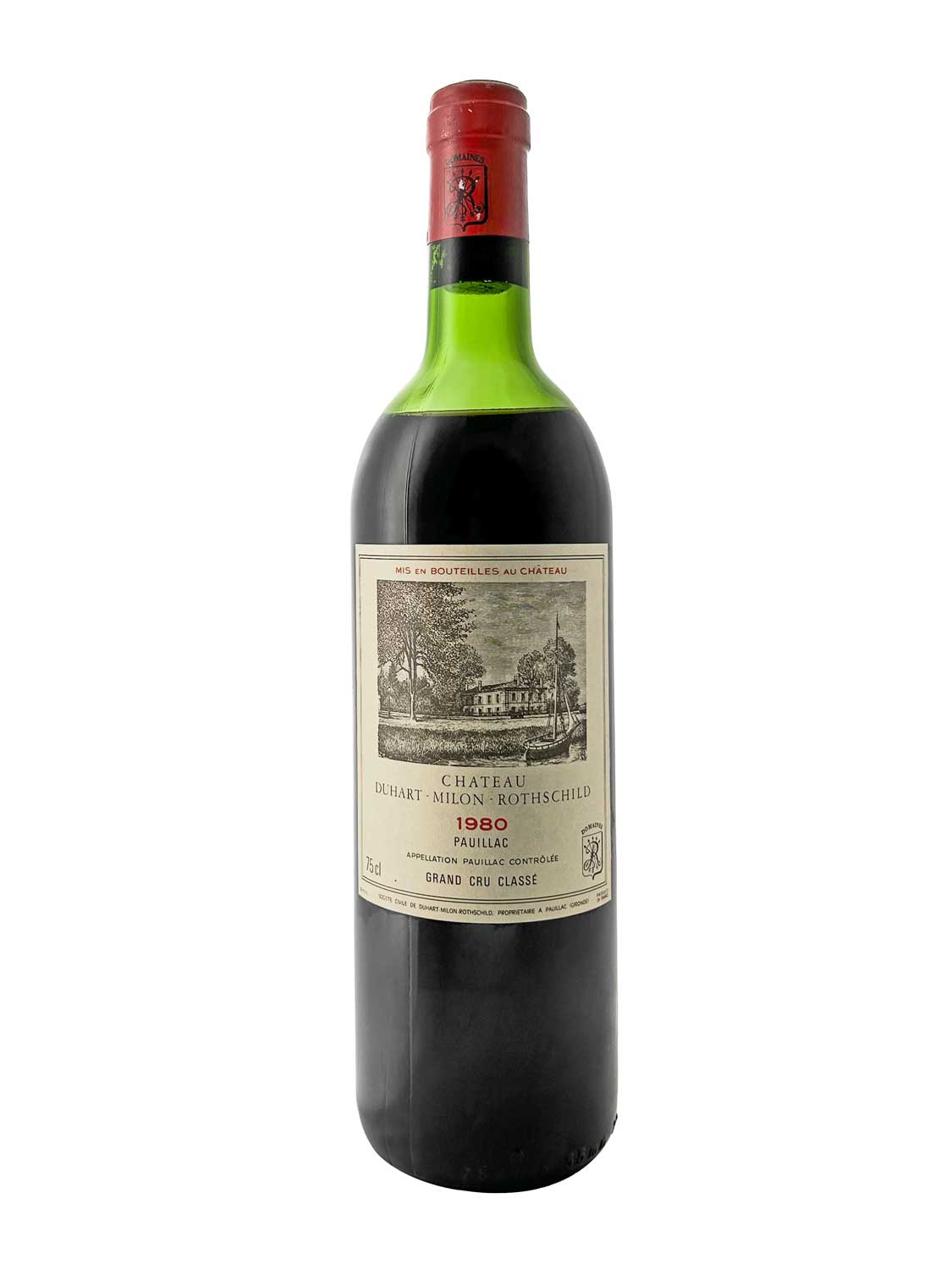 Flasche Château Duhart-Milon Rothschild 1980 mit rotem Siegel und Etikett mit Schlosszeichnung und Text