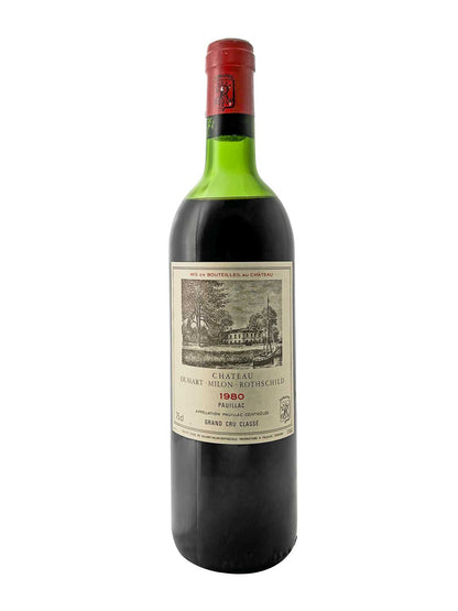 Flasche Château Duhart-Milon Rothschild 1980 mit rotem Siegel und Etikett mit Schlosszeichnung und Text
