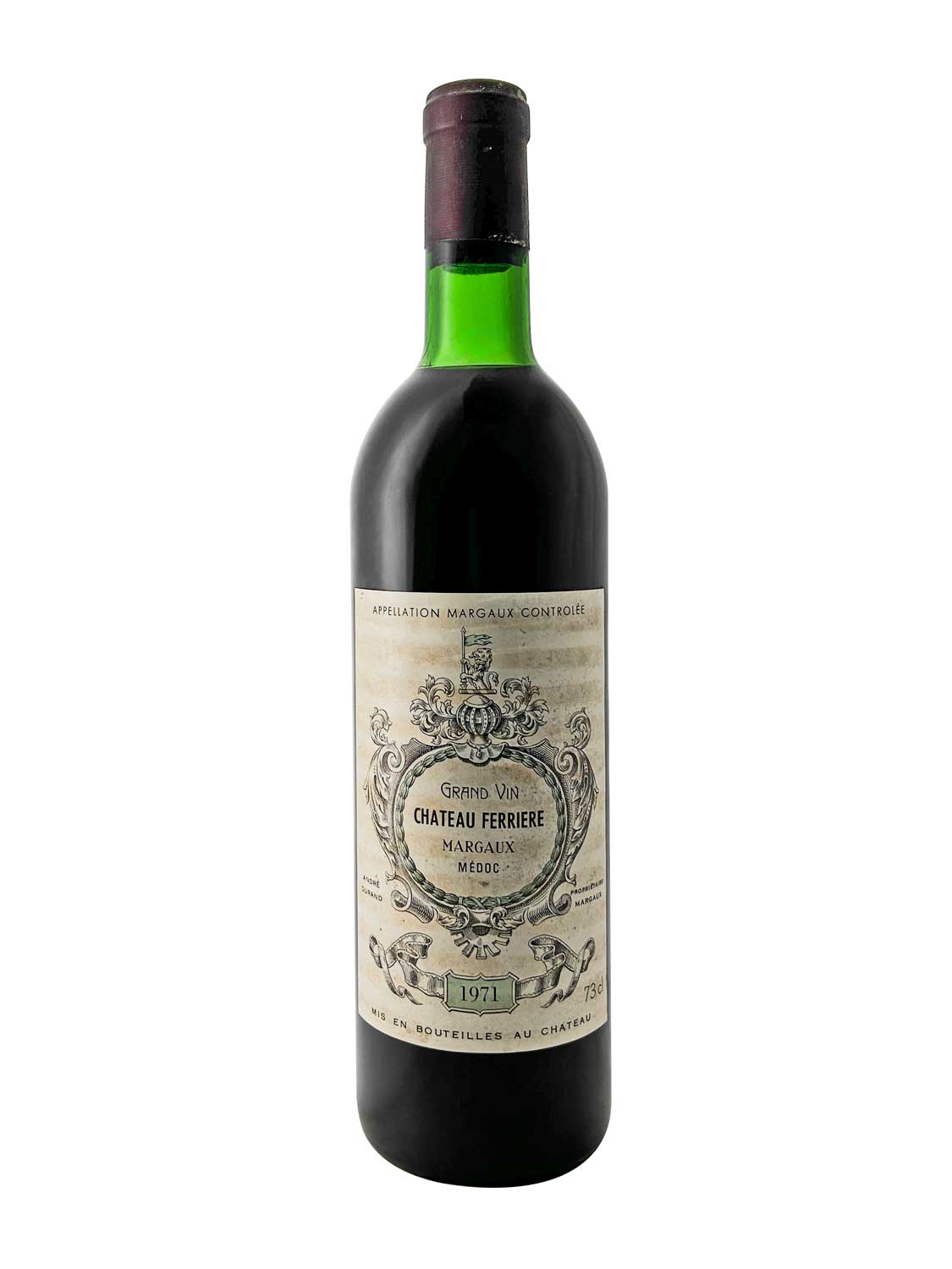 Grüne Weinflasche mit Korken, Etikett mit Ornamenten und Text 'Grand Vin Château Ferrière Margaux Médoc 1971'.