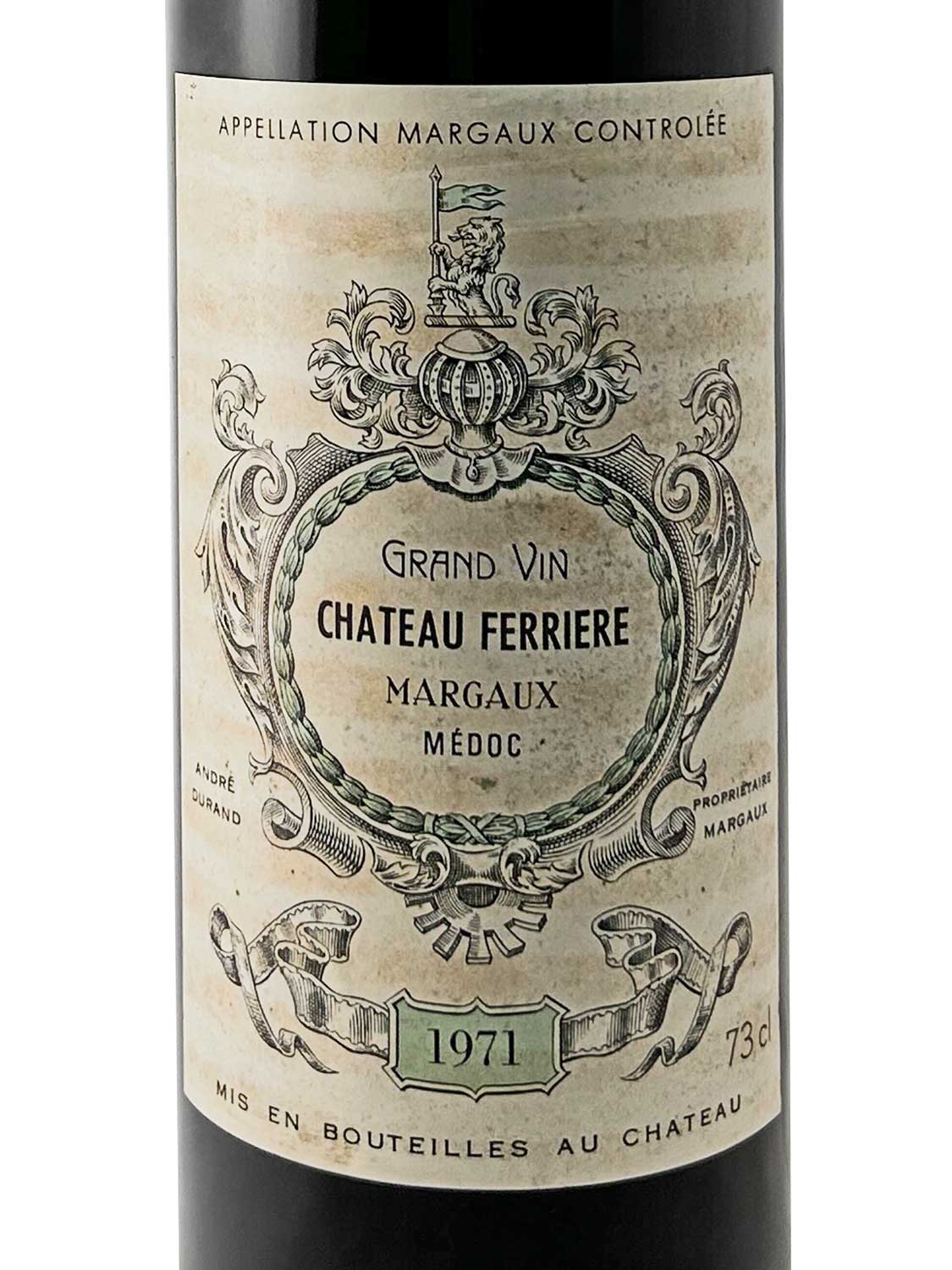 Weinflaschenetikett mit Wappen und Text 'Grand Vin Chateau Ferriere Margaux Médoc 1971', 73 cl, abgefüllt im Château.