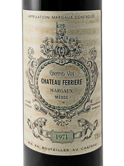 Weinflaschenetikett mit Wappen und Text 'Grand Vin Chateau Ferriere Margaux Médoc 1971', 73 cl, abgefüllt im Château.
