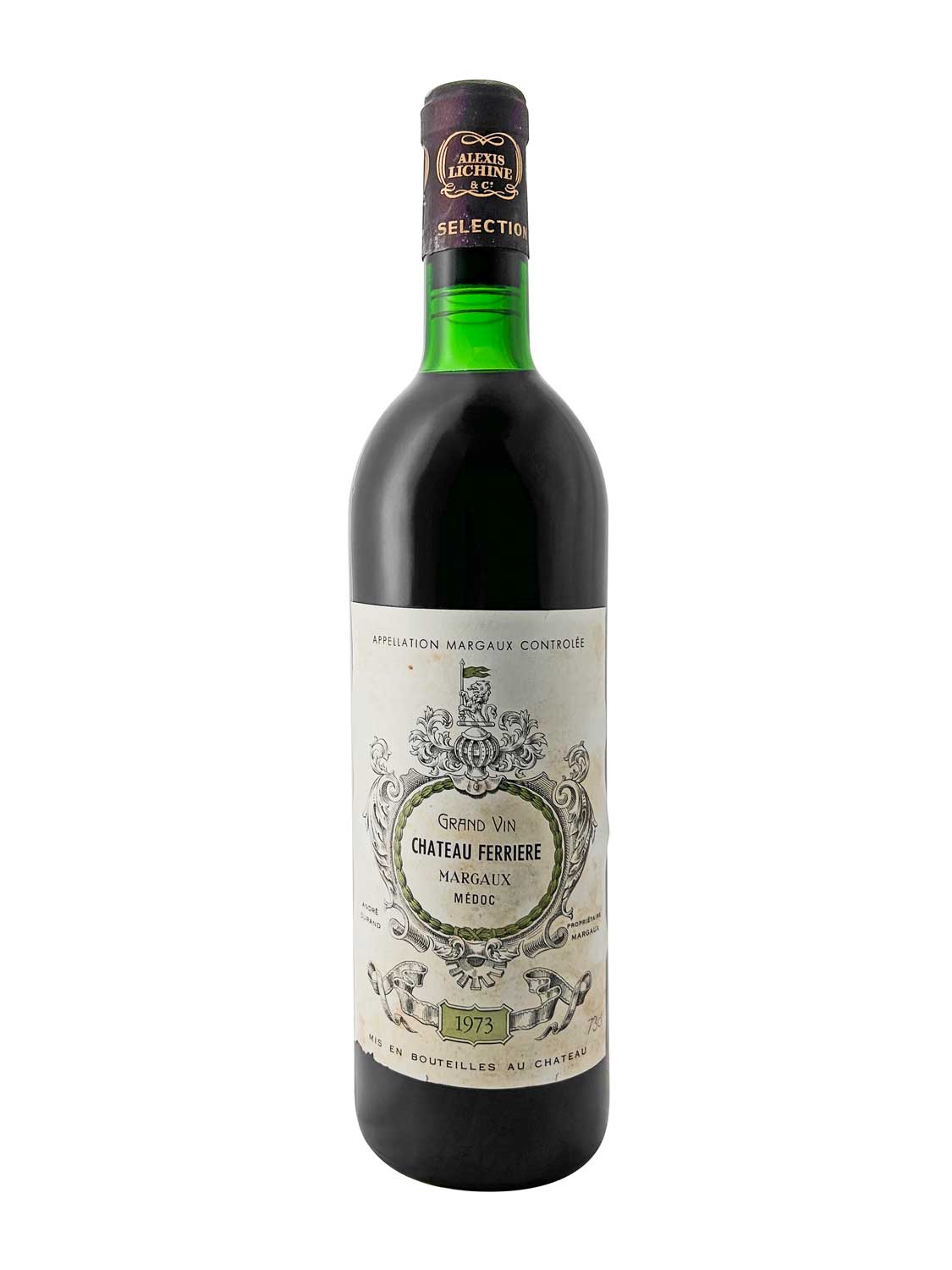 Grüne Weinflasche mit Etikett 'Château Ferrière Margaux Médoc 1973' und schwarzem Kapselverschluss mit goldener Schrift.