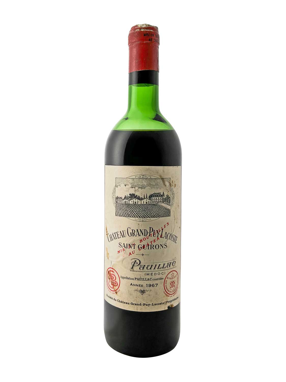Grüne Weinflasche mit rotem Kapselverschluss, Etikett zeigt Schlosszeichnung und Text 'Château Grand-Puy-Lacoste 1967', 'Pauillac'.
