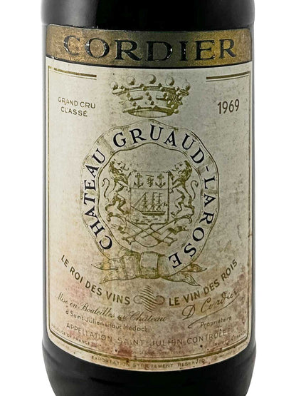 Weinflasche mit Etikett von Château Gruaud-Larose 1969, Grand Cru Classé, mit Wappen und goldfarbenem Schriftzug 'CORDIER' am Flaschenkörper.