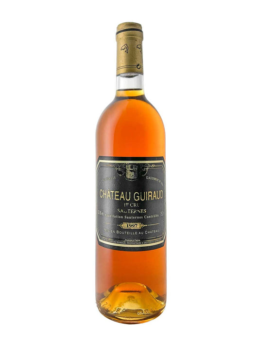 Flasche Château Guiraud 1997, 1er Cru Sauternes, mit schwarzem Etikett und goldener Kapsel