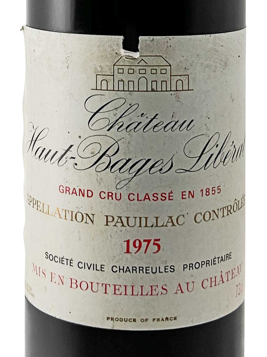Weinetikett mit der Aufschrift 'Château Haut-Bages Libéral', darunter 'Grand Cru Classé en 1855', 'Appellation Pauillac Contrôlée', Jahrgang '1975', und 'Mis en bouteilles au Château'. Oben eine Zeichnung eines Herrenhauses.