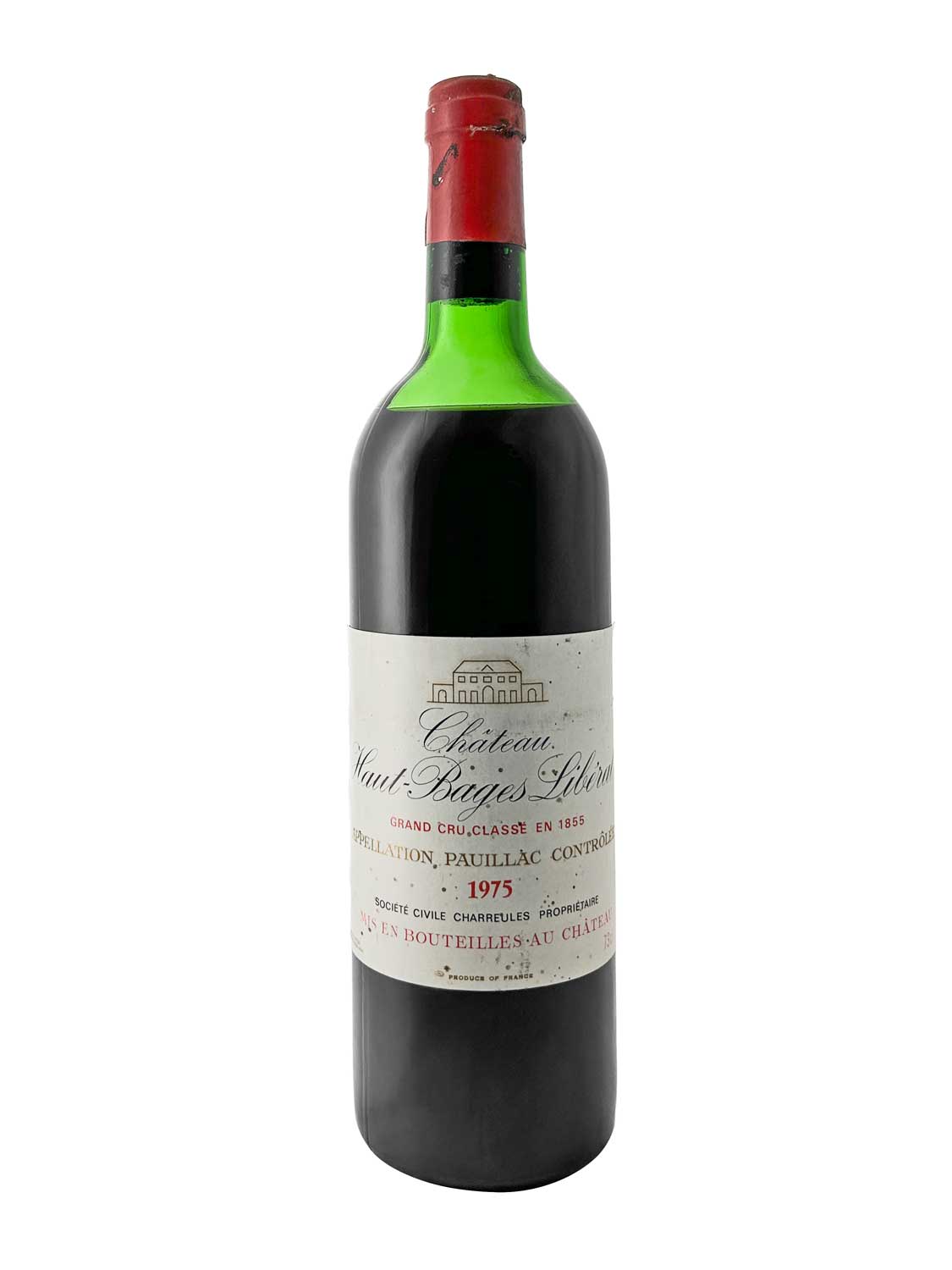 Flasche Château Haut-Bages Libéral 1975 mit rotem Verschluss und weißem Etikett mit schwarzer und roter Schrift