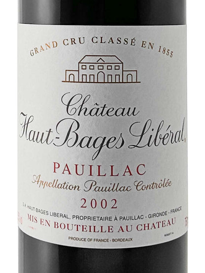 Etikett einer Weinflasche von Chateau Haut Bages Liberal 2002