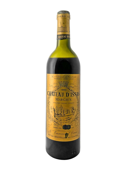 Flasche Château d'Issan 1980 mit gelbem Etikett und Schlosszeichnung, Bordeaux-Rotwein aus Margaux