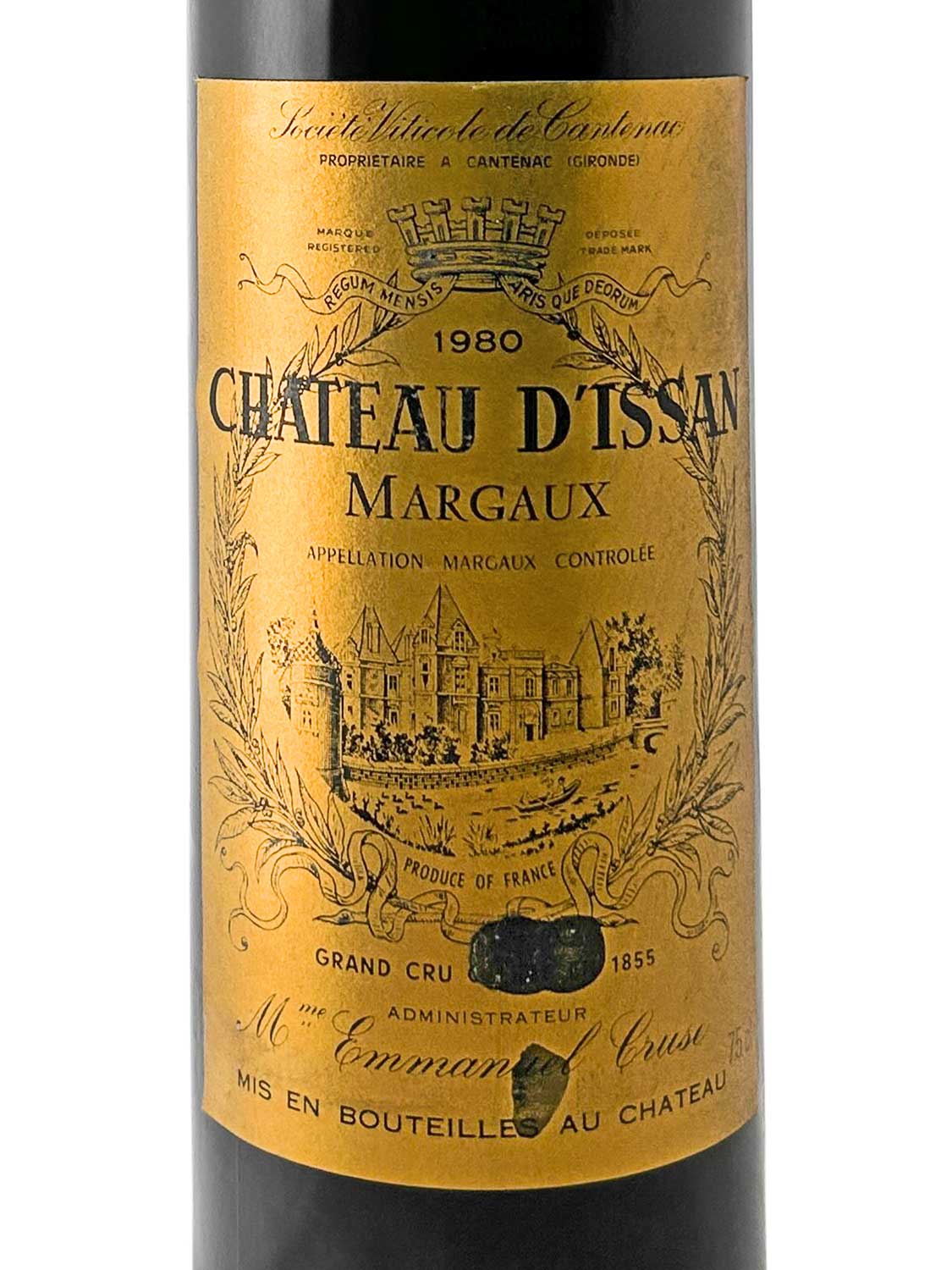 Weinetikett von Château d'Issan 1980 mit Schlossabbildung, Texten zu Herkunft und Qualität sowie goldfarbenem Hintergrund