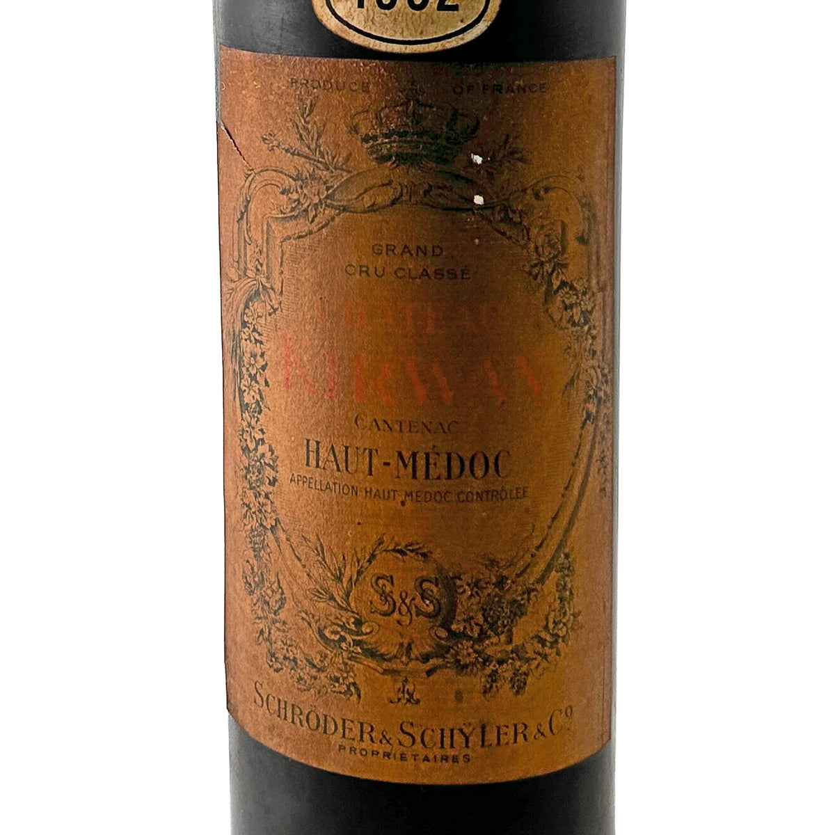Château Kirwan 1952 Etikett in Nahaufnahme mit Krone, Grand Cru Classé, Cantenac und Appellation Haut-Médoc Contrôlée