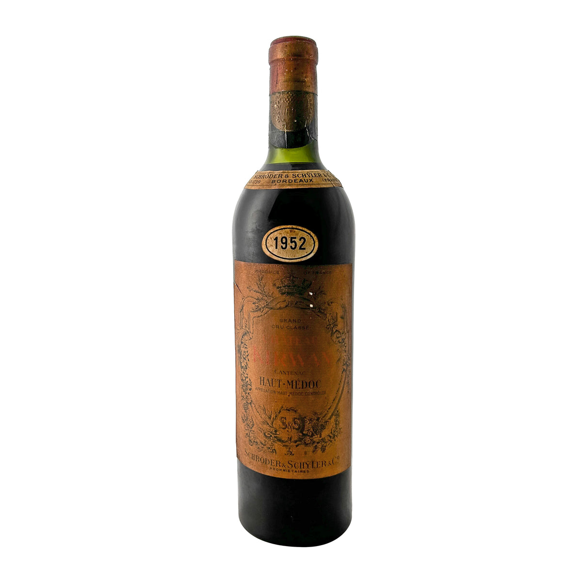 Château Kirwan 1952, Troisième Grand Cru Classé Margaux, Flasche freigestellt mit Etikett, Kapsel und Halsetikett