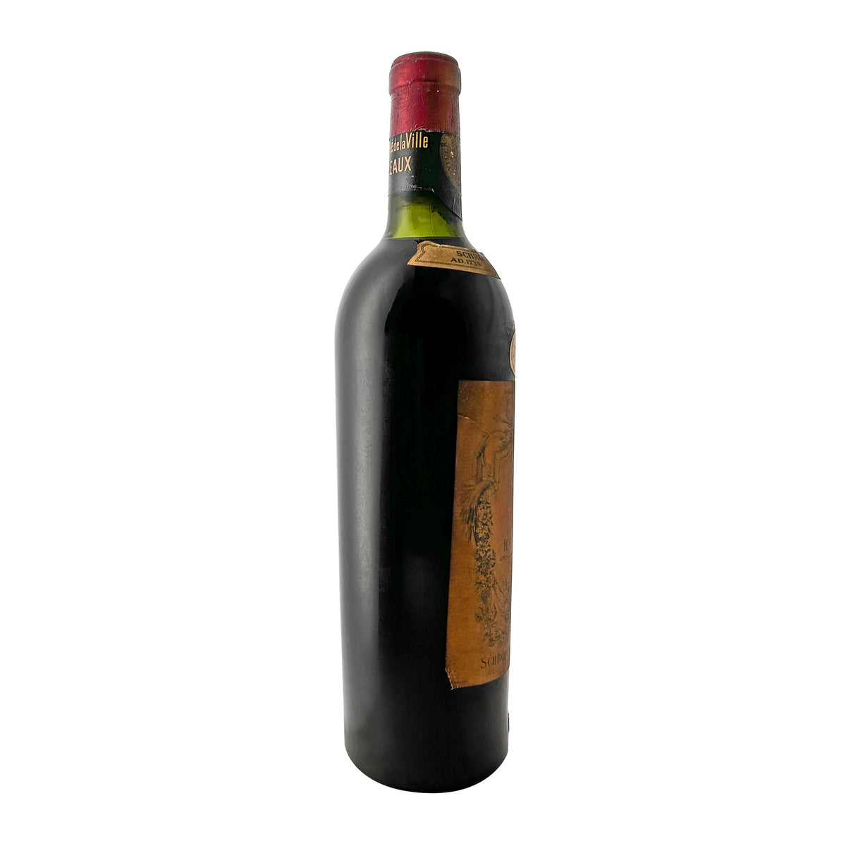 Château Kirwan 1952 im Profil von rechts, Schulteretikett Schröder & Schÿler A.D. 1739 und Halsetikett Bordeaux