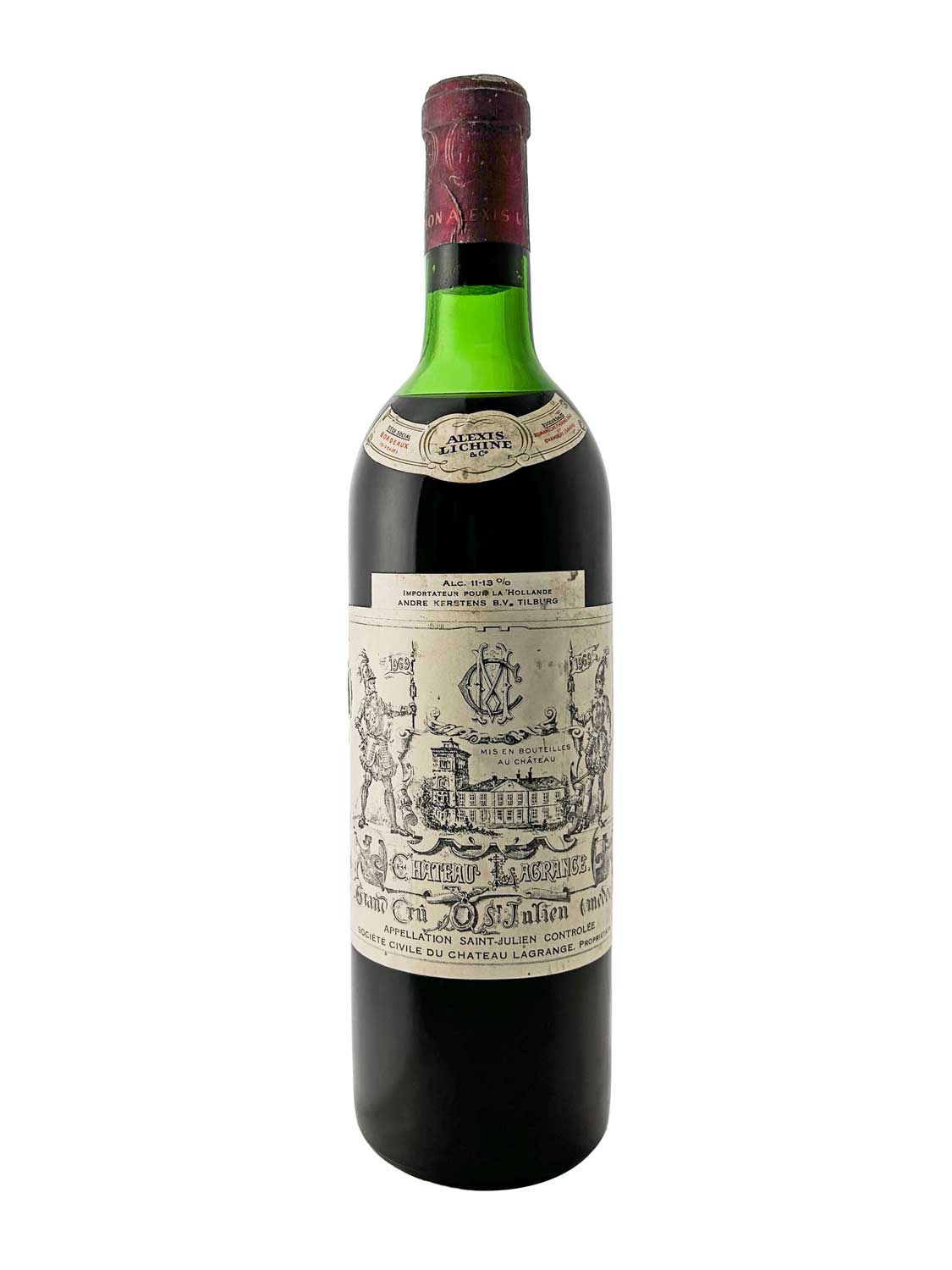 Flasche Château Lagrange 1969 mit grünem Hals, rotem Kapselverschluss und detailliertem Etikett mit Schlosszeichnung und Text
