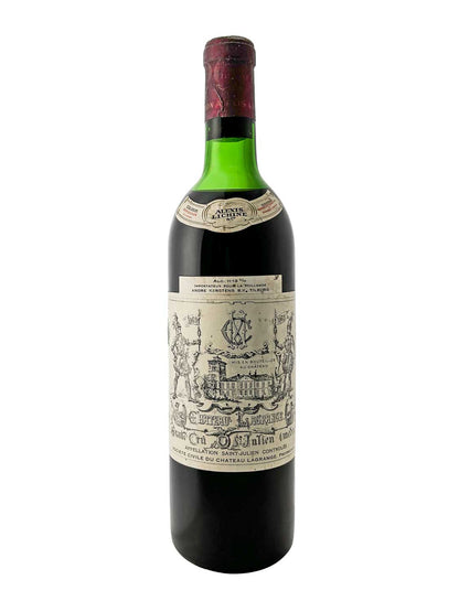 Flasche Château Lagrange 1969 mit grünem Hals, rotem Kapselverschluss und detailliertem Etikett mit Schlosszeichnung und Text