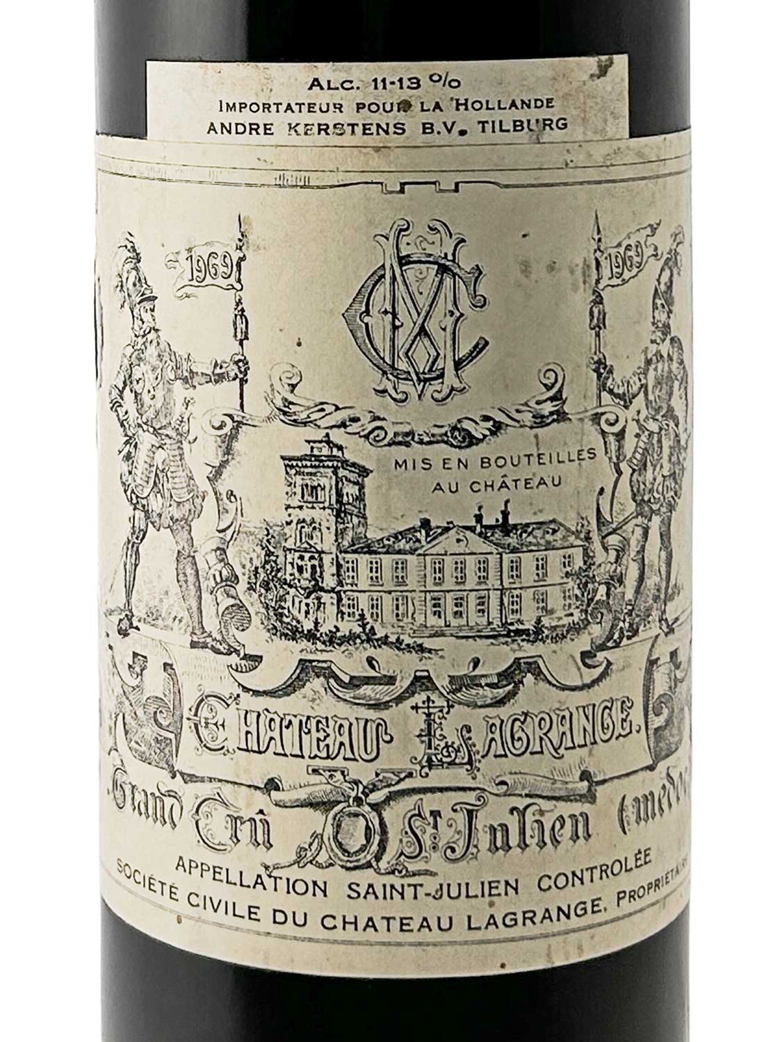 Weinetikett von Château Lagrange 1969 mit Darstellung des Schlosses, zwei Rittern, dem Monogramm "CL" und Textinformationen zur Herkunft und Abfüllung