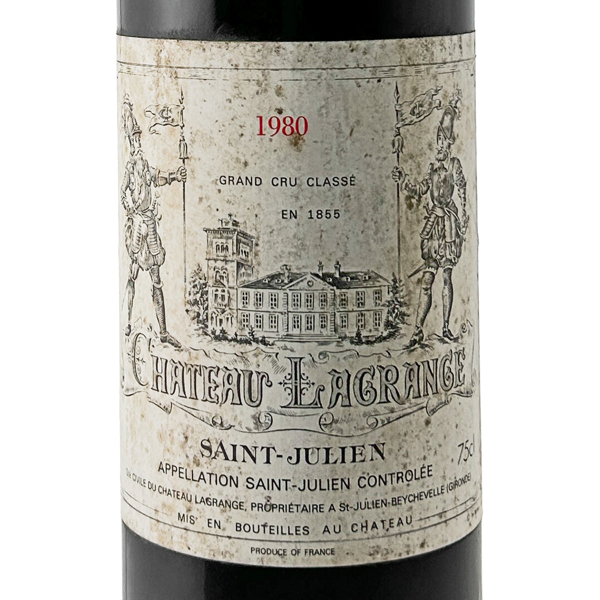 Château Lagrange 1980 Etikett in Nahaufnahme mit Château-Turm, zwei Hellebardenträgern und Grand Cru Classé en 1855