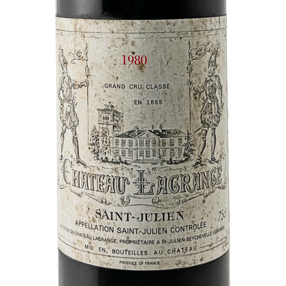 Château Lagrange 1980 Etikett in Nahaufnahme mit Château-Turm, zwei Hellebardenträgern und Grand Cru Classé en 1855