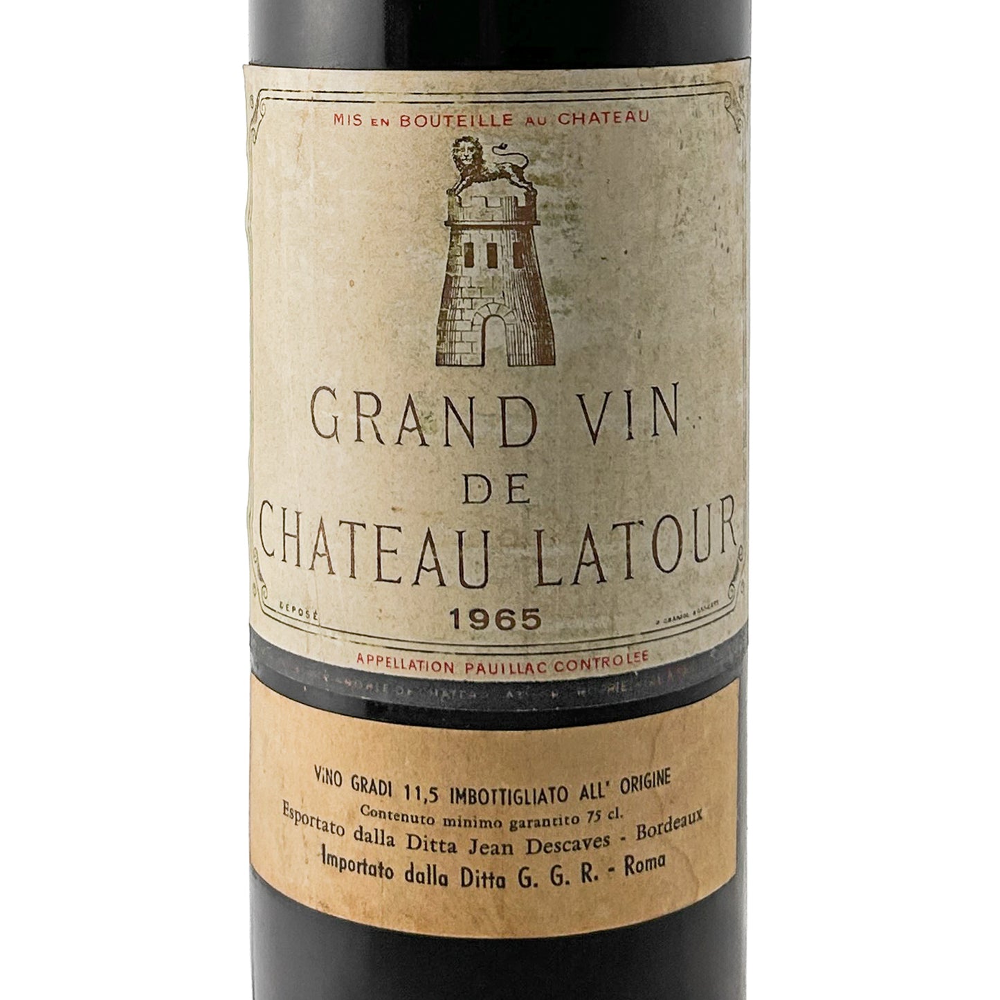 Château Latour 1965 Etikett in Nahaufnahme mit Jahrgang 1965, Appellation Pauillac Contrôlée, altersbedingter Fleckenbildung