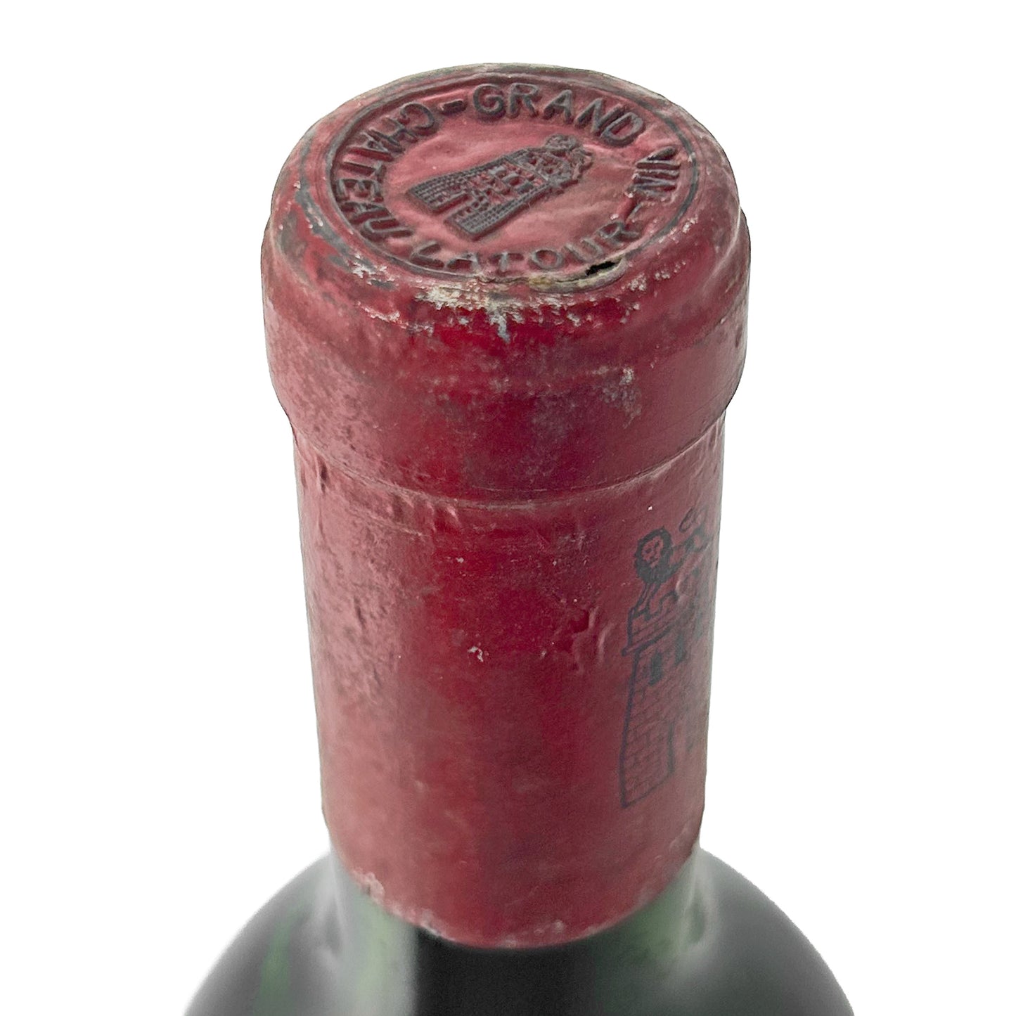 Château Latour 1965 Kapsel-Nahaufnahme mit Château-Wappen und altersbedingter Abnutzung