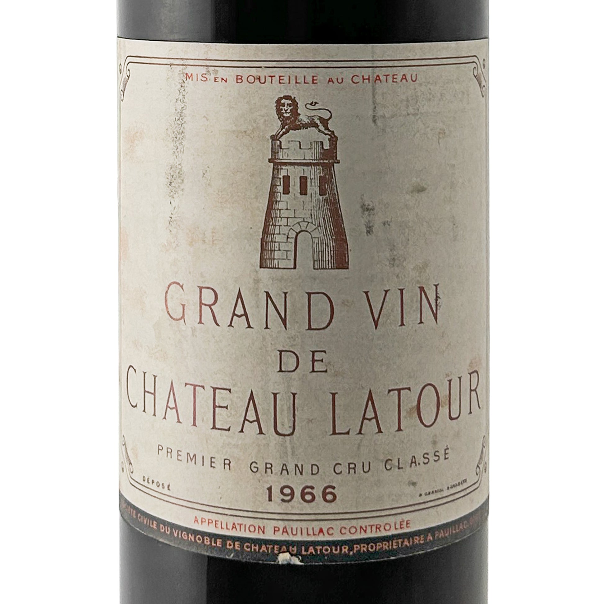 Château Latour 1966 Etikett in Nahaufnahme mit Löwen-und-Turm-Wappen, Premier Grand Cru Classé und Appellation Pauillac Contrôlée