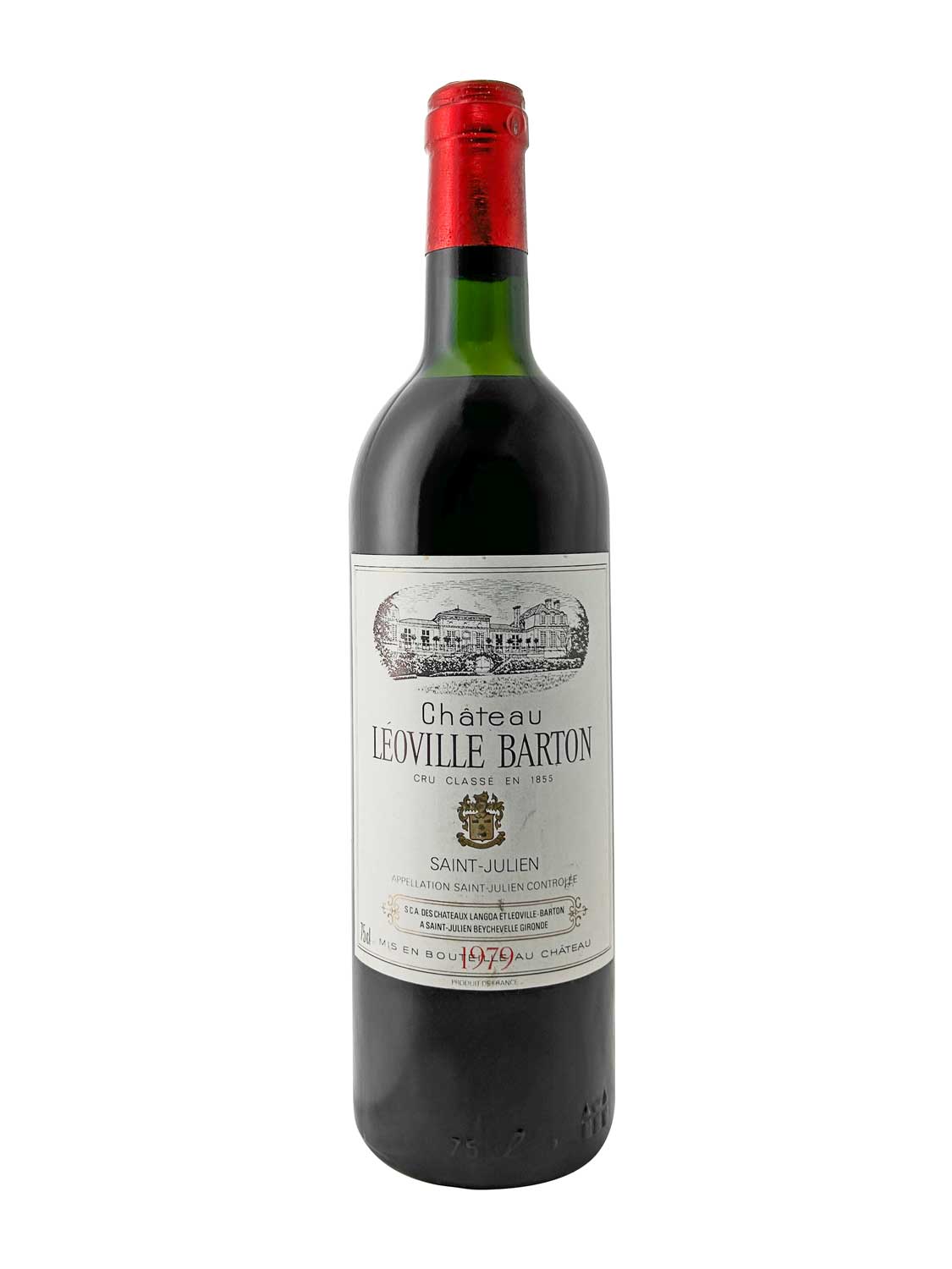 Flasche Château Léoville Barton 1979 mit rotem Kapselverschluss und weißem Etikett, darauf ein gezeichnetes Schloss und Text.