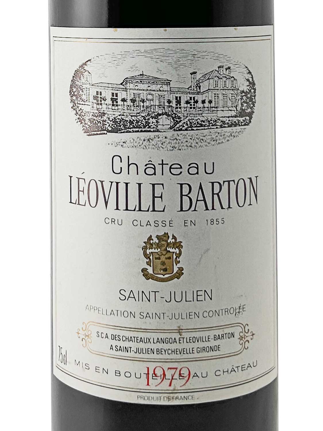 Weinflaschenetikett mit Zeichnung eines Schlosses, Text 'Château Léoville Barton', Jahrgang '1979', und weiteren Angaben zum Wein aus Saint-Julien.
