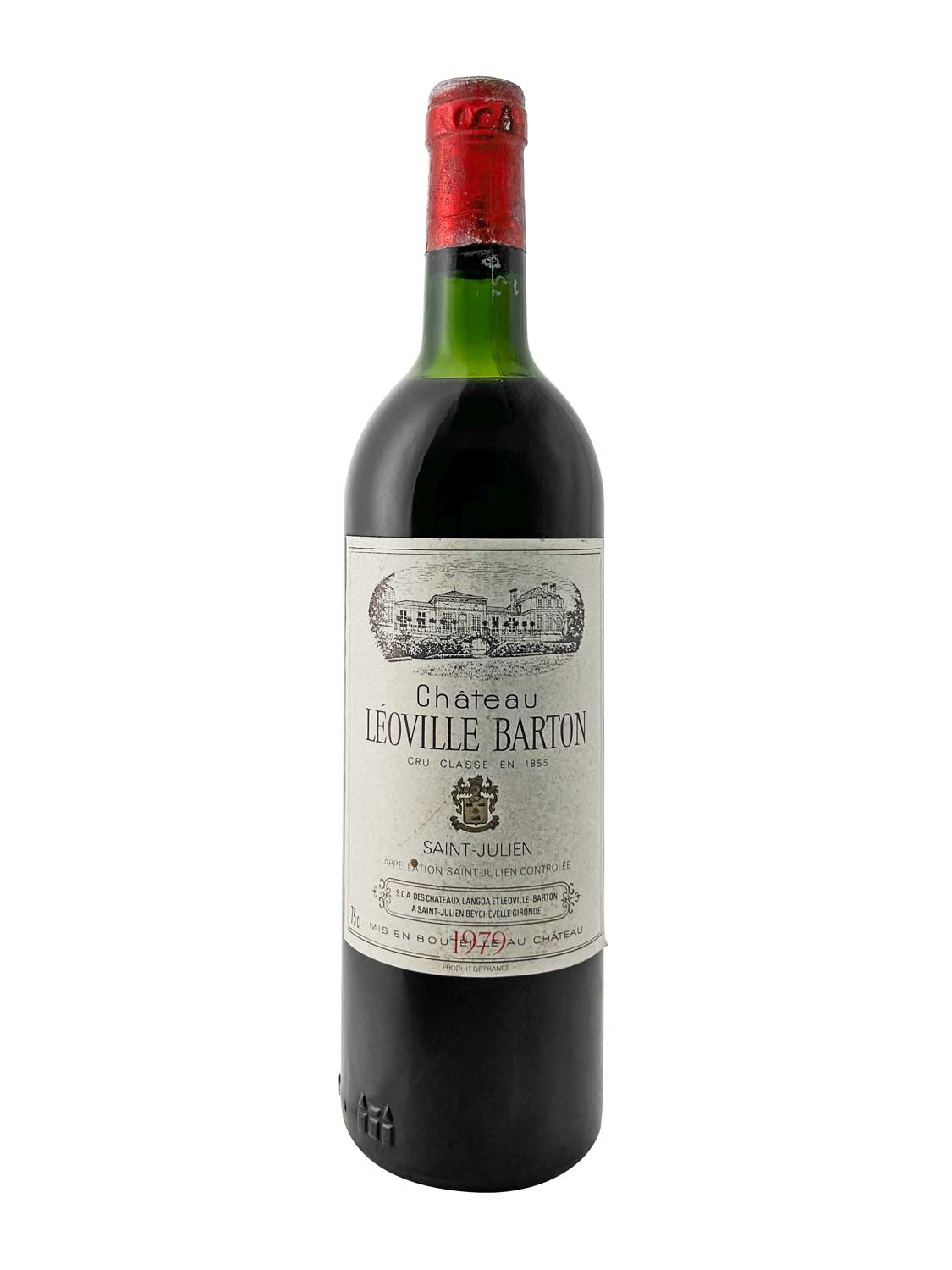 Flasche Château Léoville Barton 1979 mit rotem Siegel und weißem Etikett, darauf ein gezeichnetes Schloss und Text.