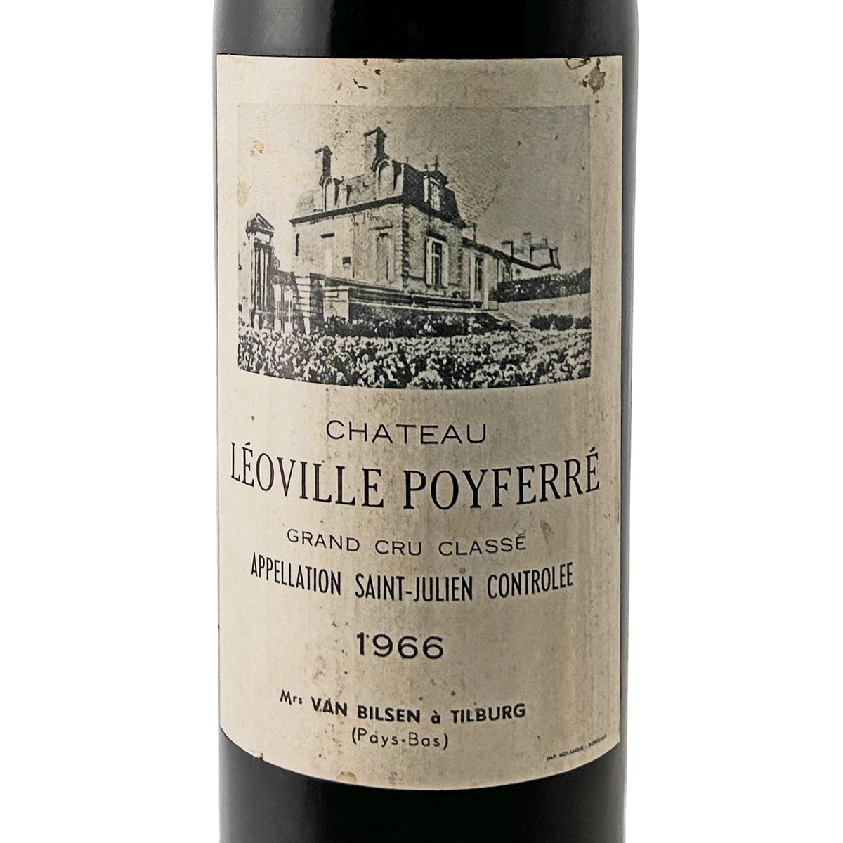 Château Léoville Poyferré 1966 Etikett mit Château-Abbildung, Saint-Julien Contrôlée und Aufdruck Van Bilsen, Tilburg