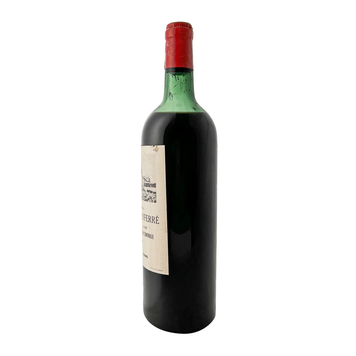Château Léoville Poyferré 1966 im Profil, Etikett am Rand mit Schriftzug Poyferré und Appellationszeile