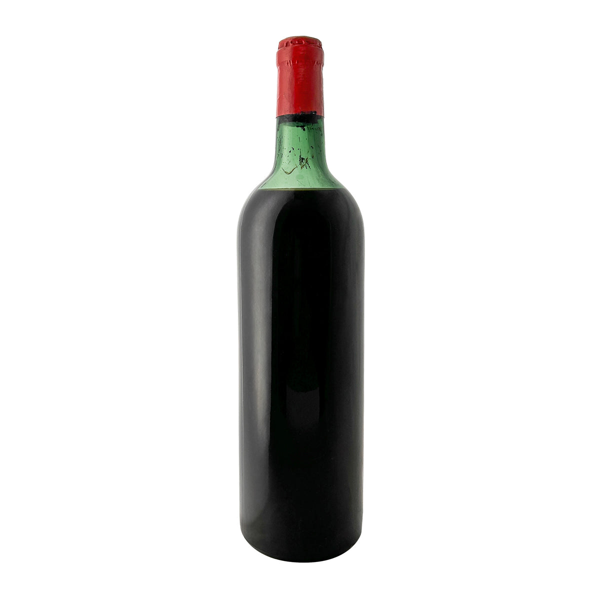 Château Léoville Poyferré 1966, Rückseite der Flasche ohne Etikett, rote Kapsel und Alterungsspuren am Flaschenhals