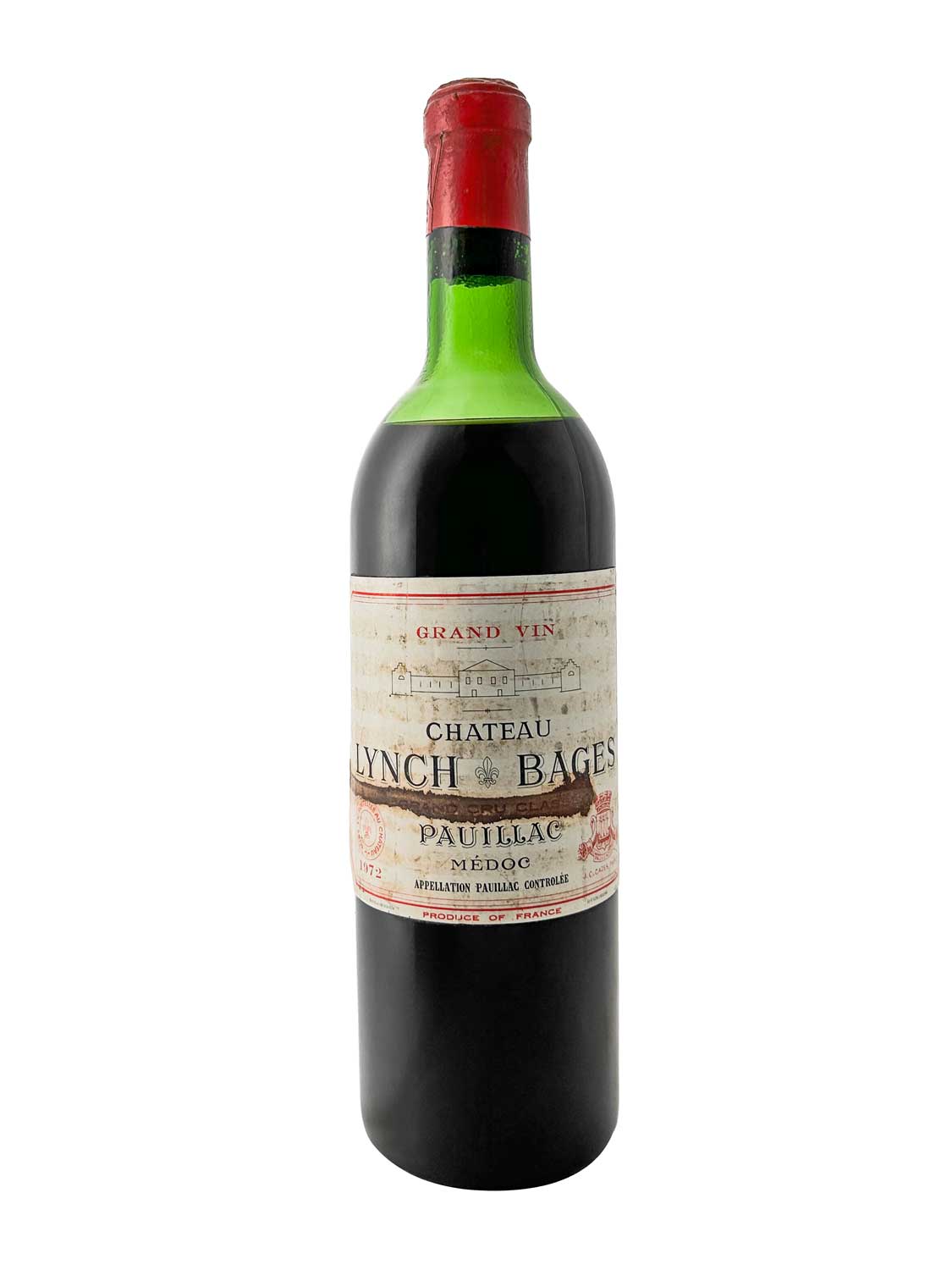 Flasche Château Lynch-Bages 1972 mit rotem Siegel und Etikett, das den Namen, die Herkunft Pauillac Médoc und die Bezeichnung Grand Vin zeigt.