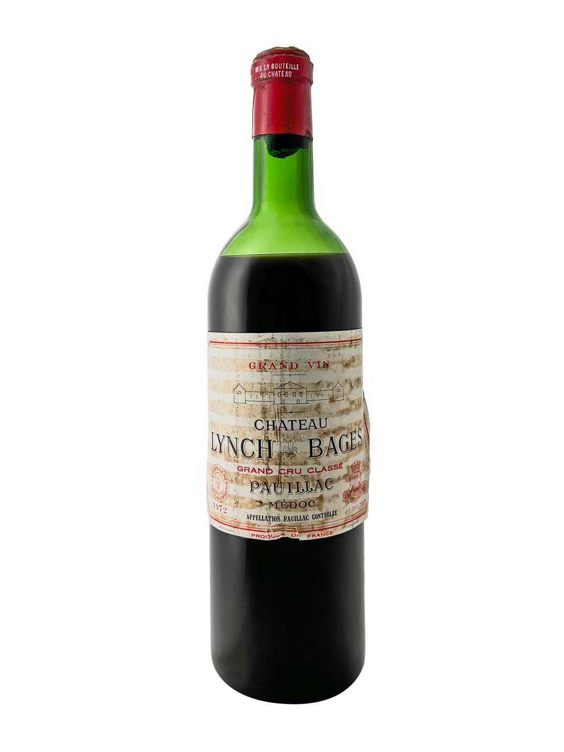 Flasche Château Lynch-Bages 1972 mit rotem Verschluss und gealtertem Etikett, das den Namen und die Herkunft des Weins aus Pauillac, Médoc, anzeigt.
